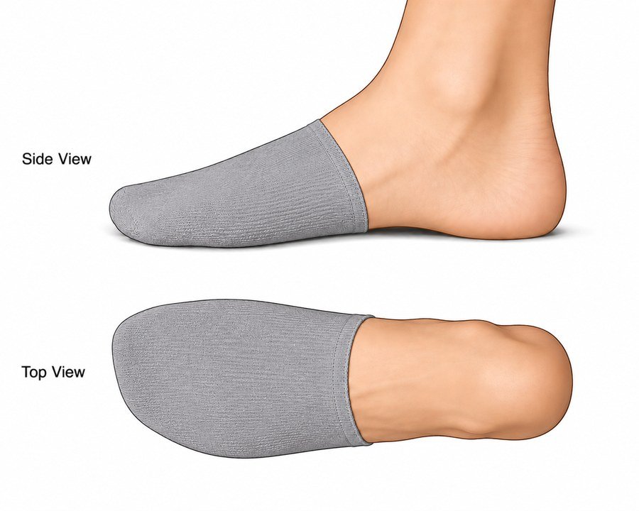 Side view and top view of a foot wearing a sock covering only toes to the arch